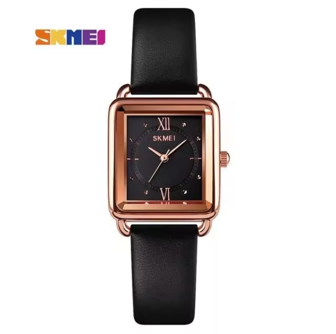 Skmei 1702 3D Glass Square Shaped Ladies Watch - Black Dial- Rose Golden Bezel- Black Belt- TF Code SK237BF_img_0