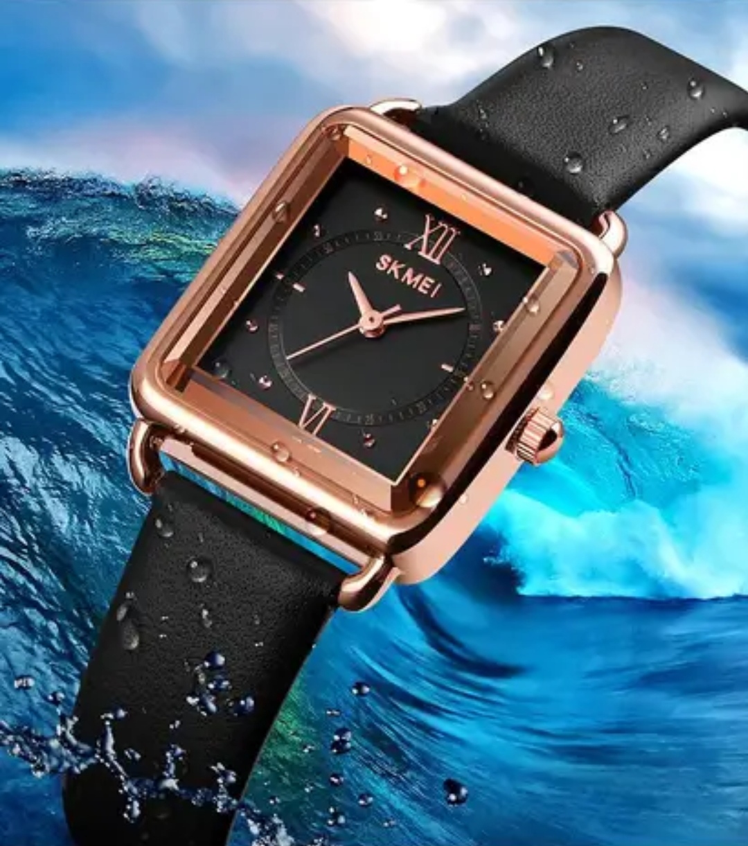 Skmei 1702 3D Glass Square Shaped Ladies Watch - Black Dial- Rose Golden Bezel- Black Belt- TF Code SK237BF_img_1
