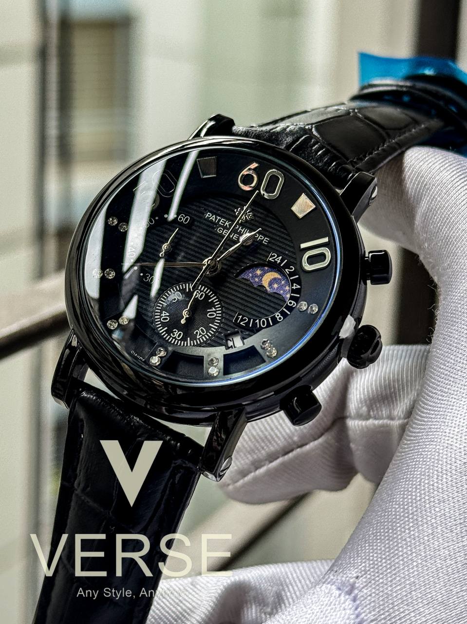 patek tri digit black case black belt black dial