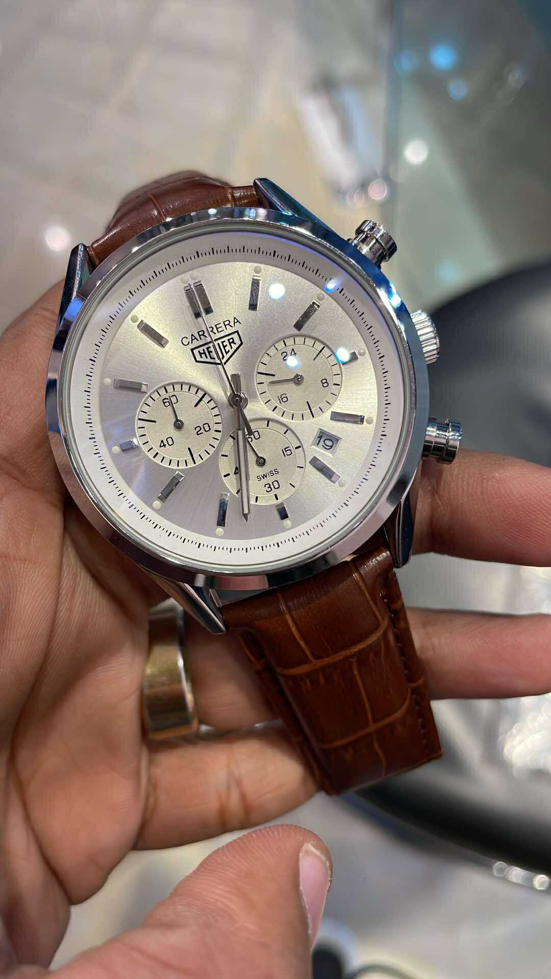 Tagheur chrono brown belt white dial