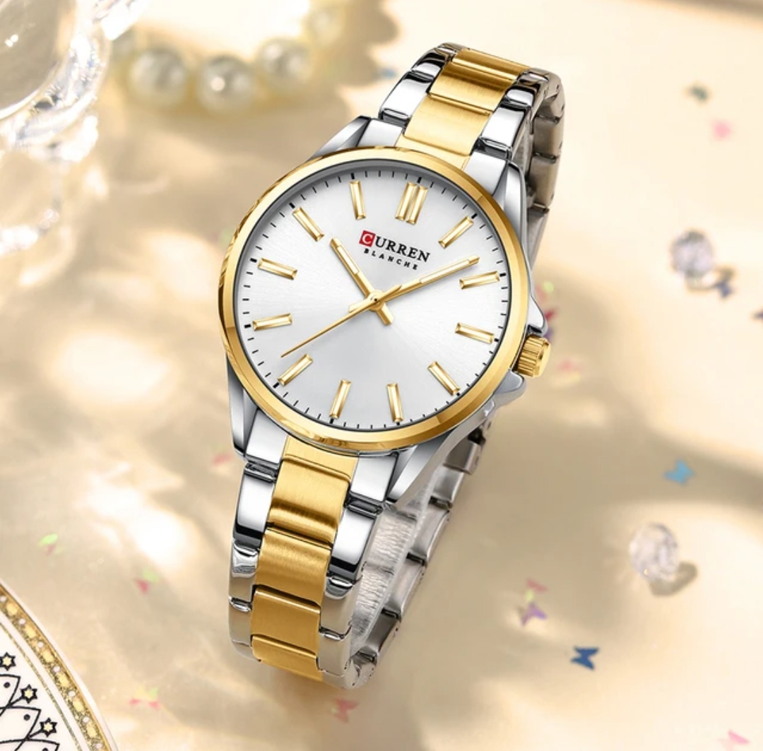 Curren 9090 Ladies Chain Watch - Silver Dial- Golden Bezel- Silver+Golden Chain- TF Code CR851CF_img_1