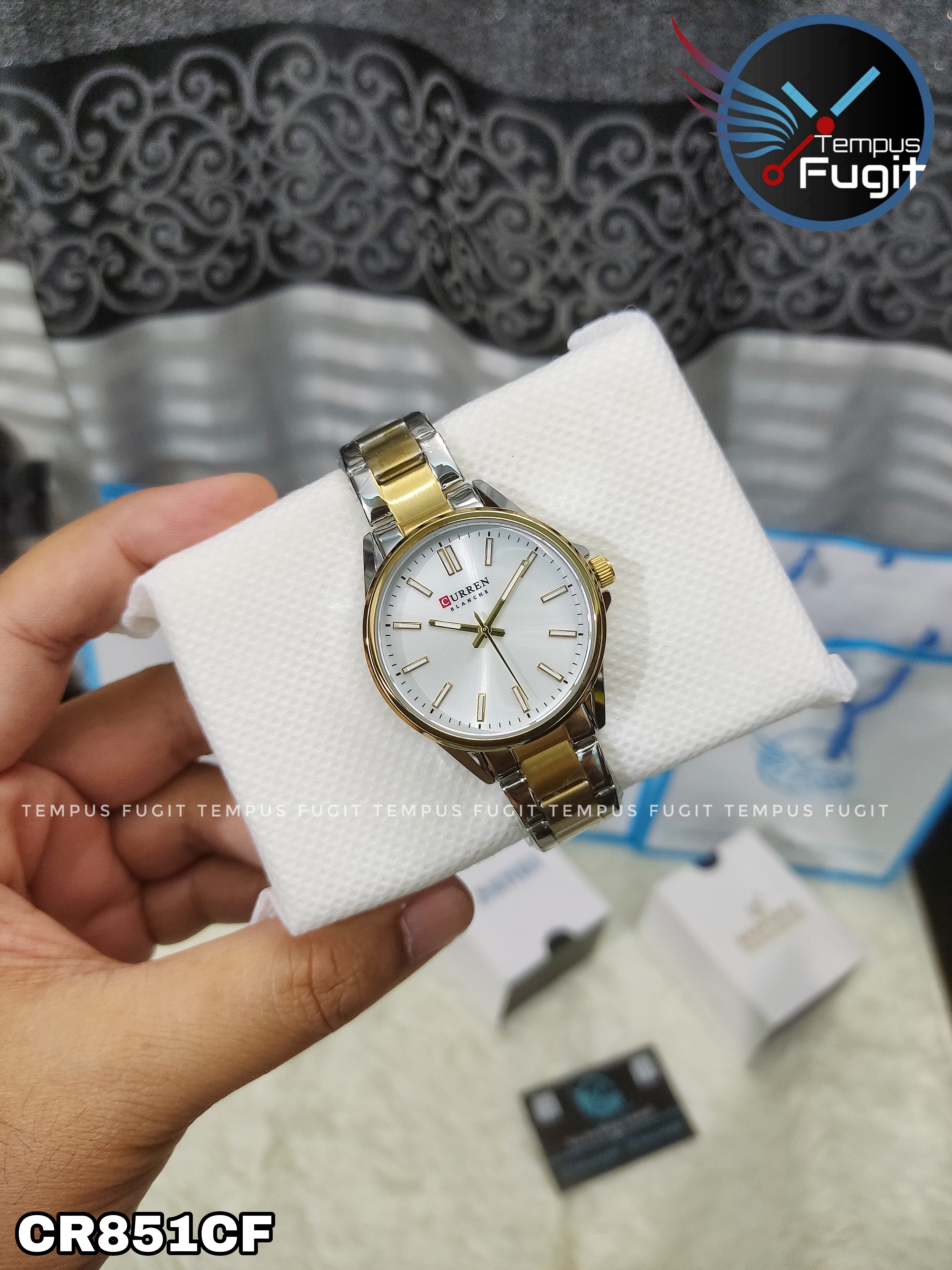 Curren 9090 Ladies Chain Watch - Silver Dial- Golden Bezel- Silver+Golden Chain- TF Code CR851CF_img_4