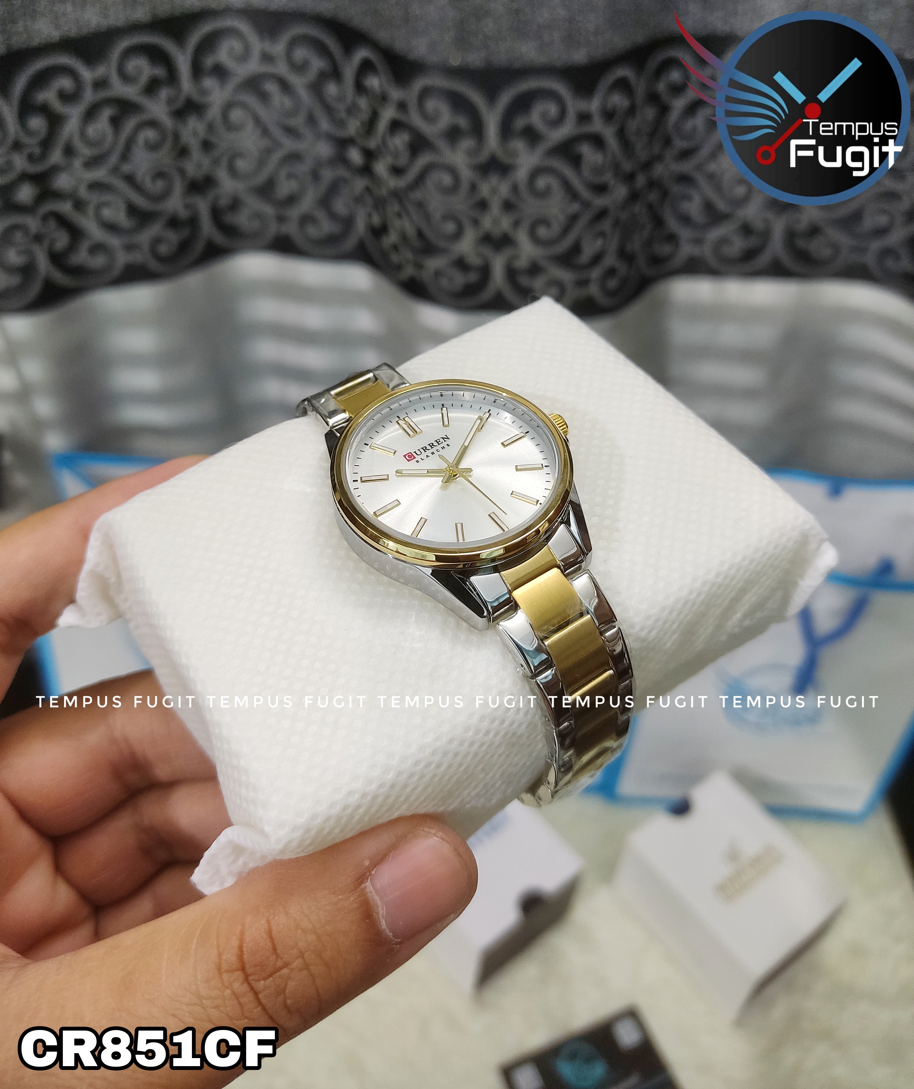 Curren 9090 Ladies Chain Watch - Silver Dial- Golden Bezel- Silver+Golden Chain- TF Code CR851CF_img_5