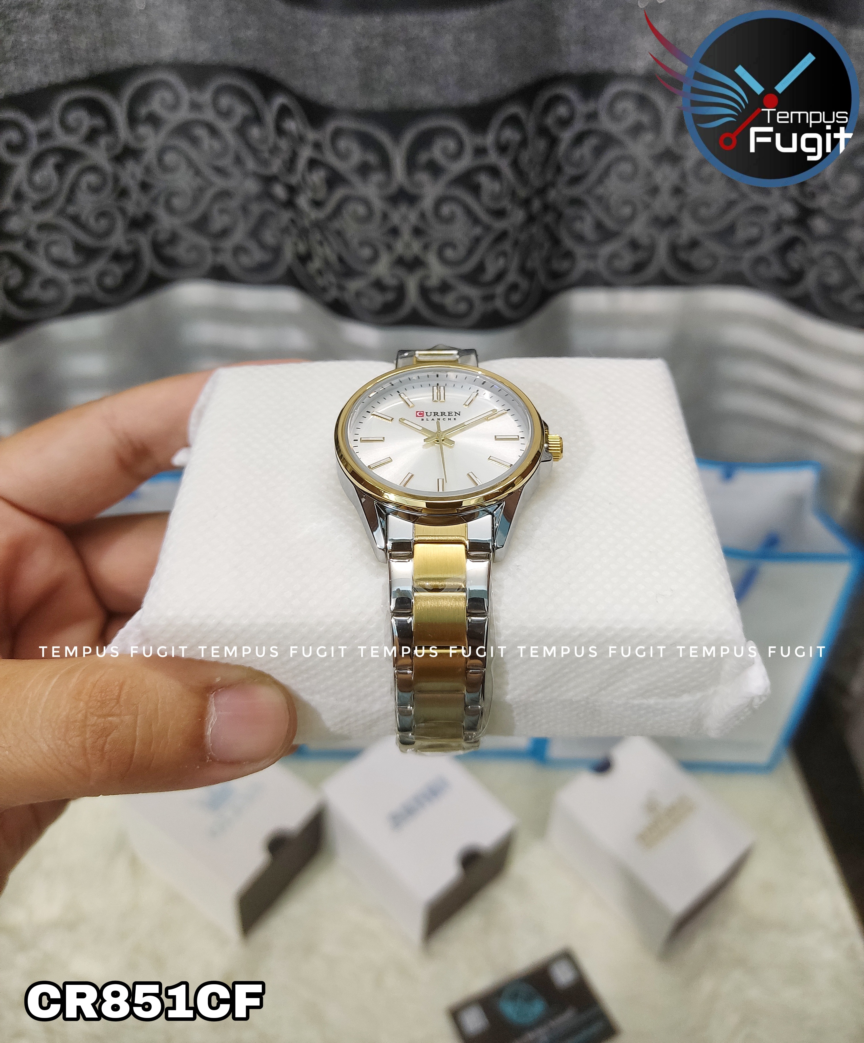 Curren 9090 Ladies Chain Watch - Silver Dial- Golden Bezel- Silver+Golden Chain- TF Code CR851CF_img_6