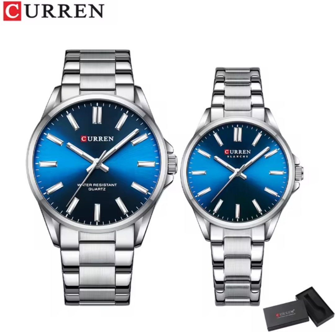 Curren 9090 Couple Chain Watch- Blue Dial- Silver Bezel- Silver Chain- TF Code CR878CM&CR879CF_img_0
