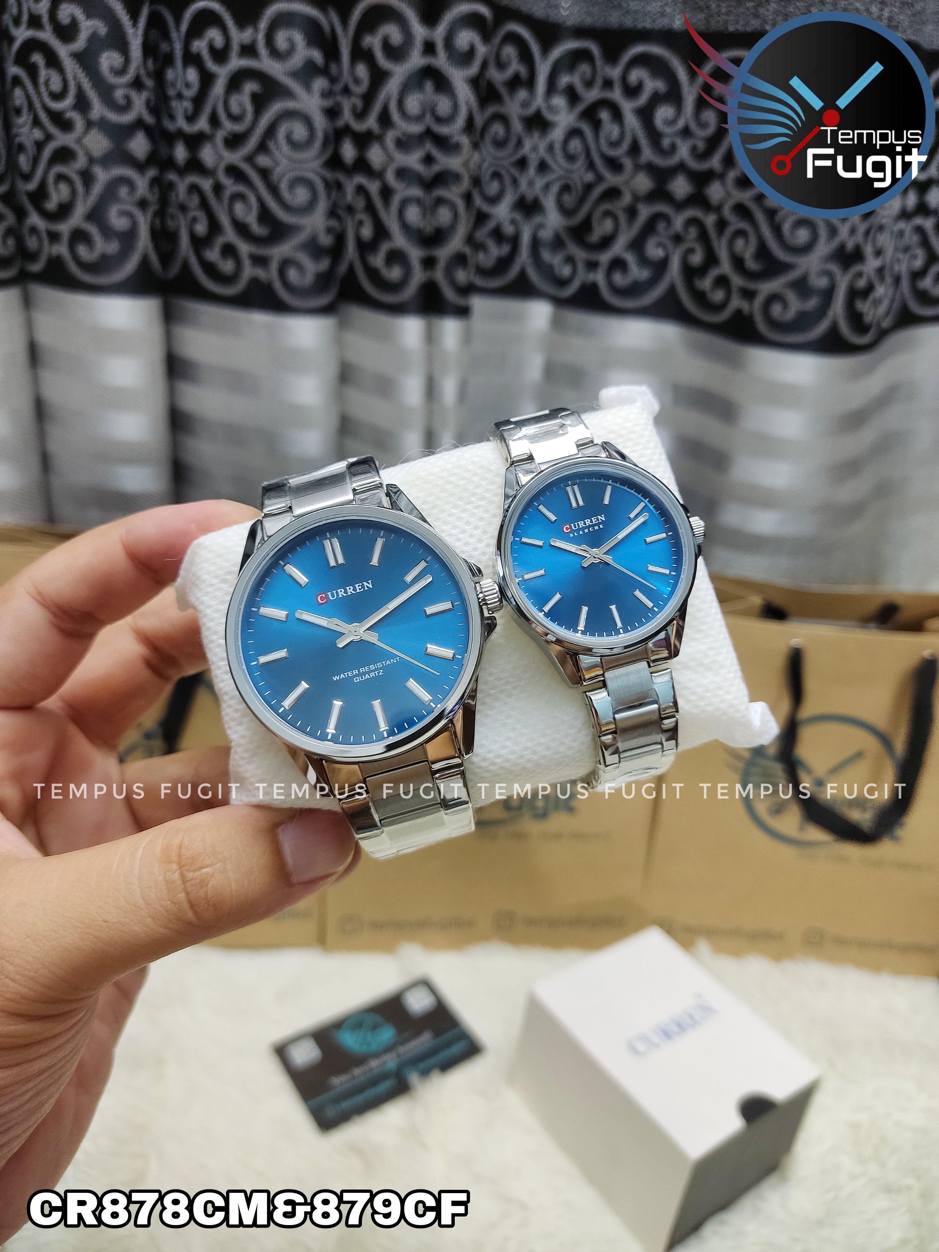 Curren 9090 Couple Chain Watch- Blue Dial- Silver Bezel- Silver Chain- TF Code CR878CM&CR879CF_img_1