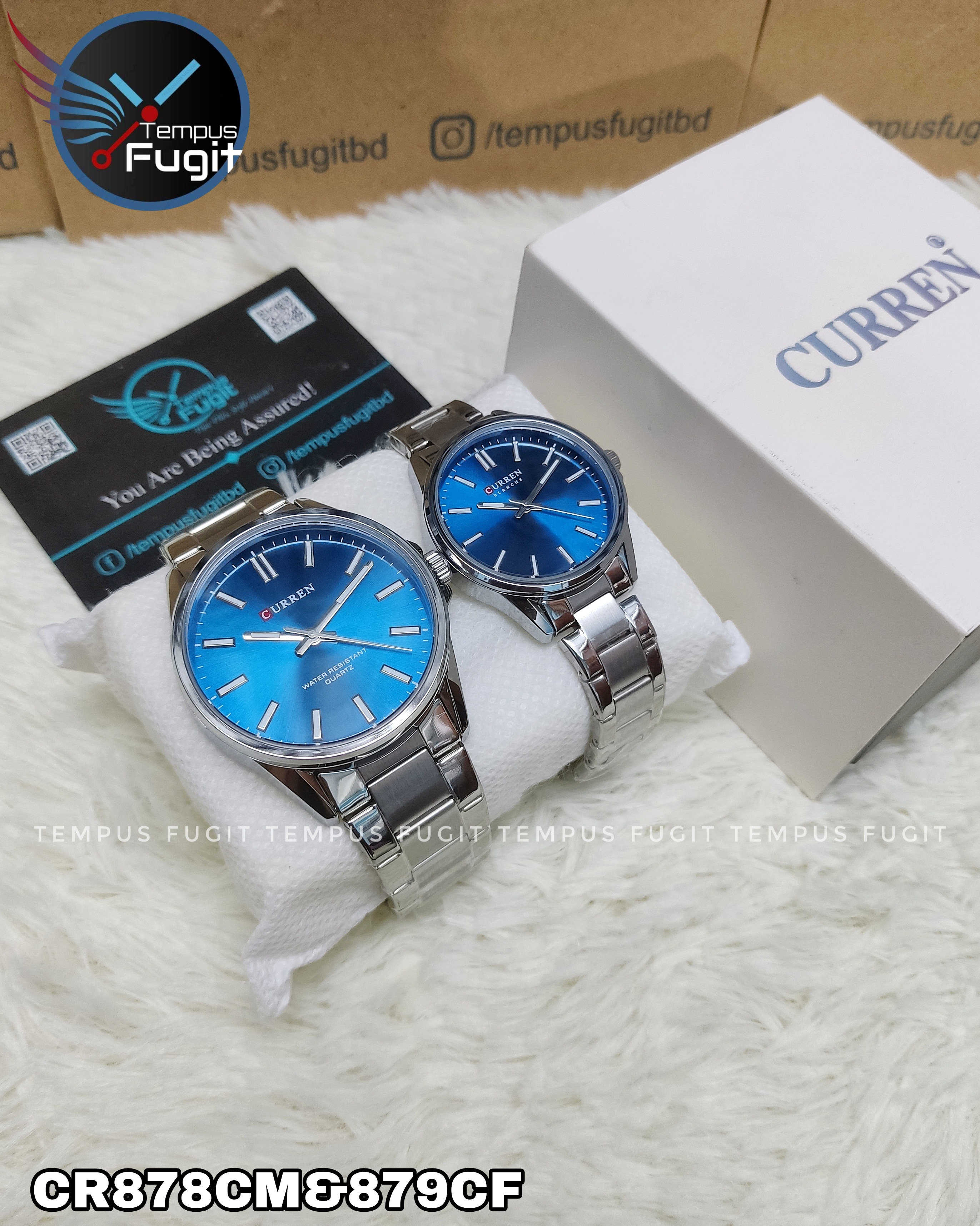 Curren 9090 Couple Chain Watch- Blue Dial- Silver Bezel- Silver Chain- TF Code CR878CM&CR879CF_img_2