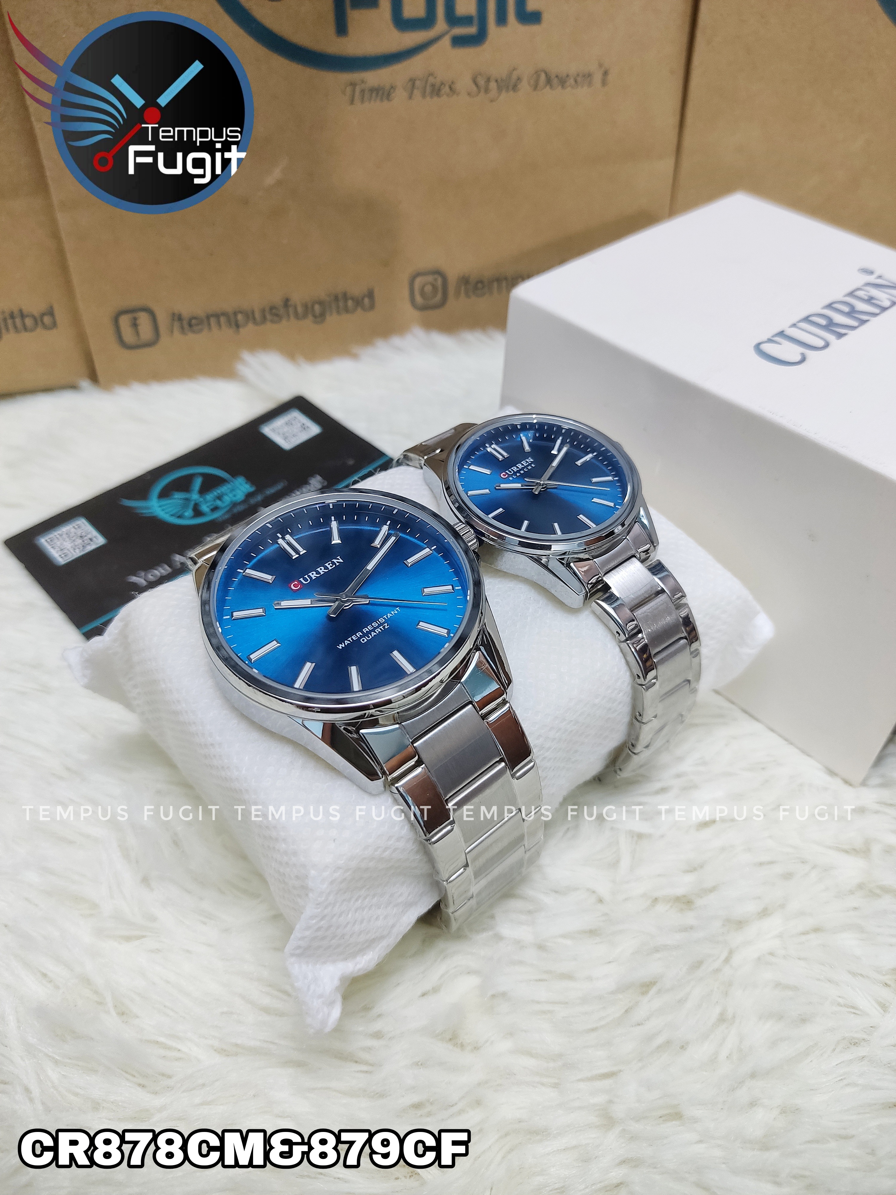 Curren 9090 Couple Chain Watch- Blue Dial- Silver Bezel- Silver Chain- TF Code CR878CM&CR879CF_img_3