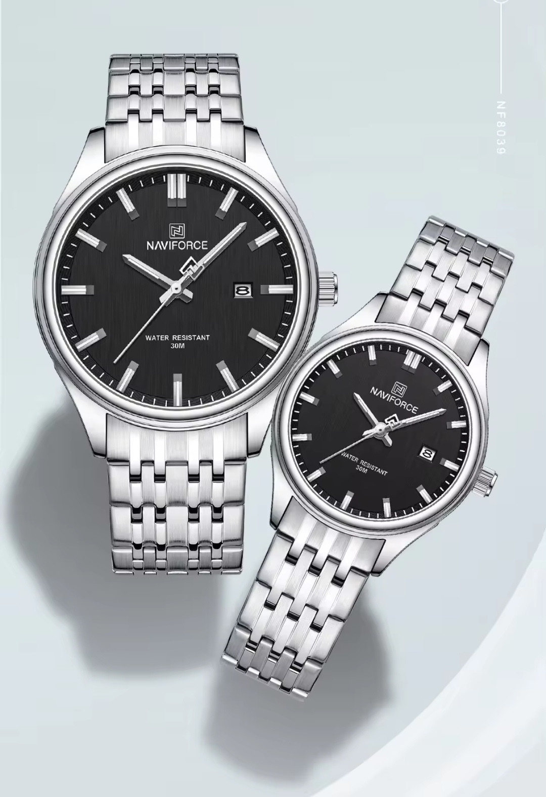 Naviforce 8039 Couple Chain Watch- Black Dial- Silver Bezel- Silver Chain- TF Code NF883CM&NF862/3CF_img_0