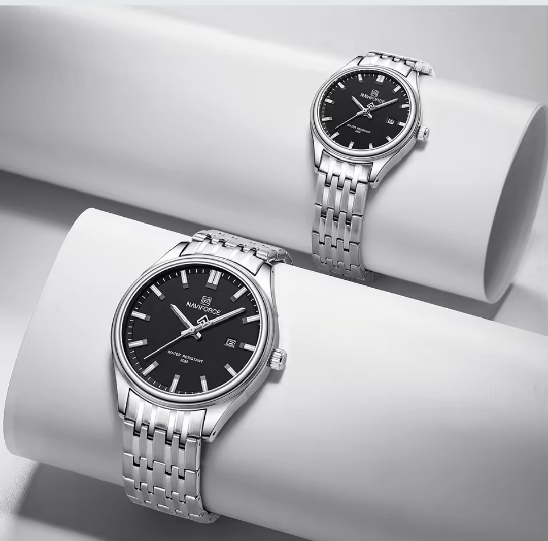 Naviforce 8039 Couple Chain Watch- Black Dial- Silver Bezel- Silver Chain- TF Code NF883CM&NF862/3CF_img_1