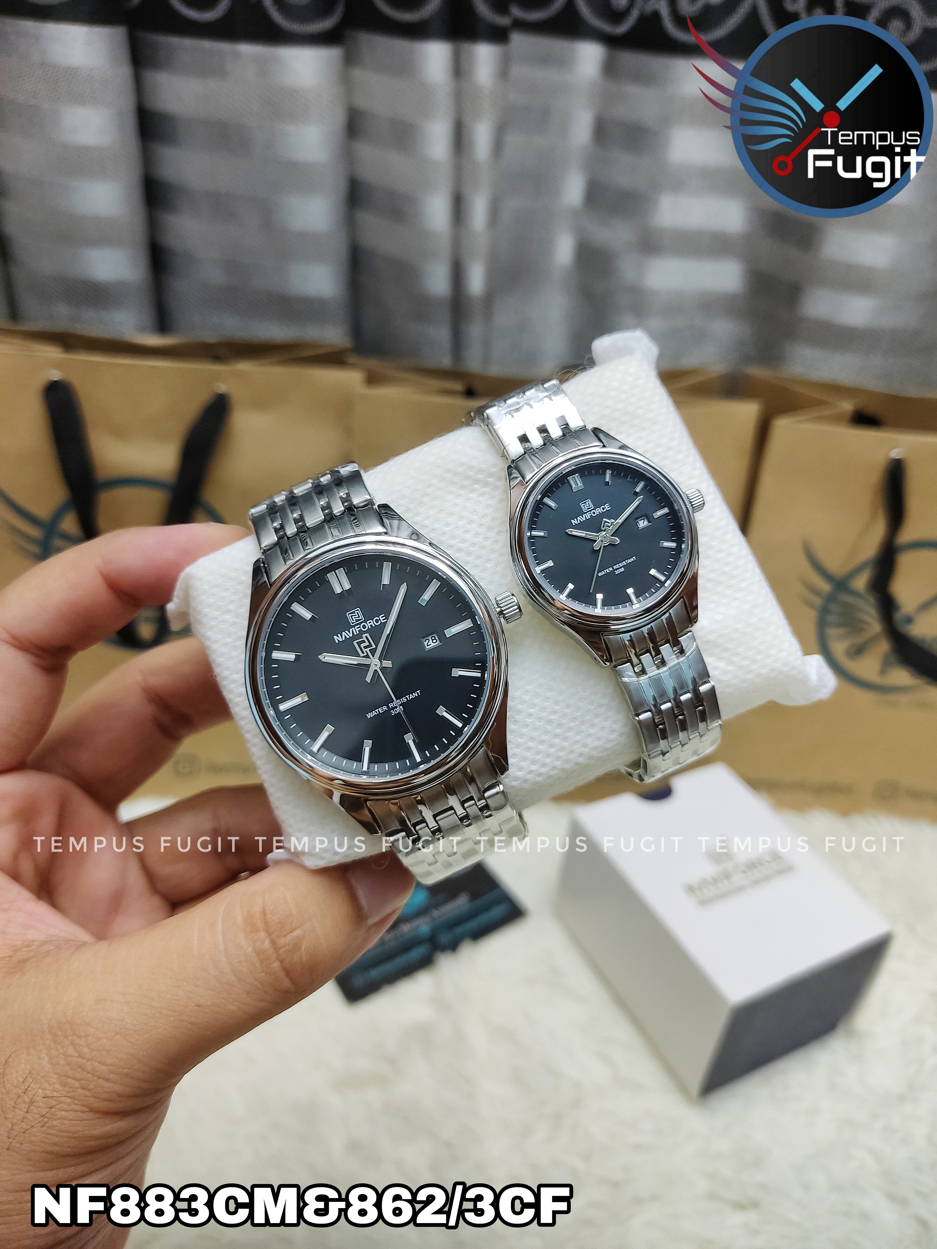 Naviforce 8039 Couple Chain Watch- Black Dial- Silver Bezel- Silver Chain- TF Code NF883CM&NF862/3CF_img_7