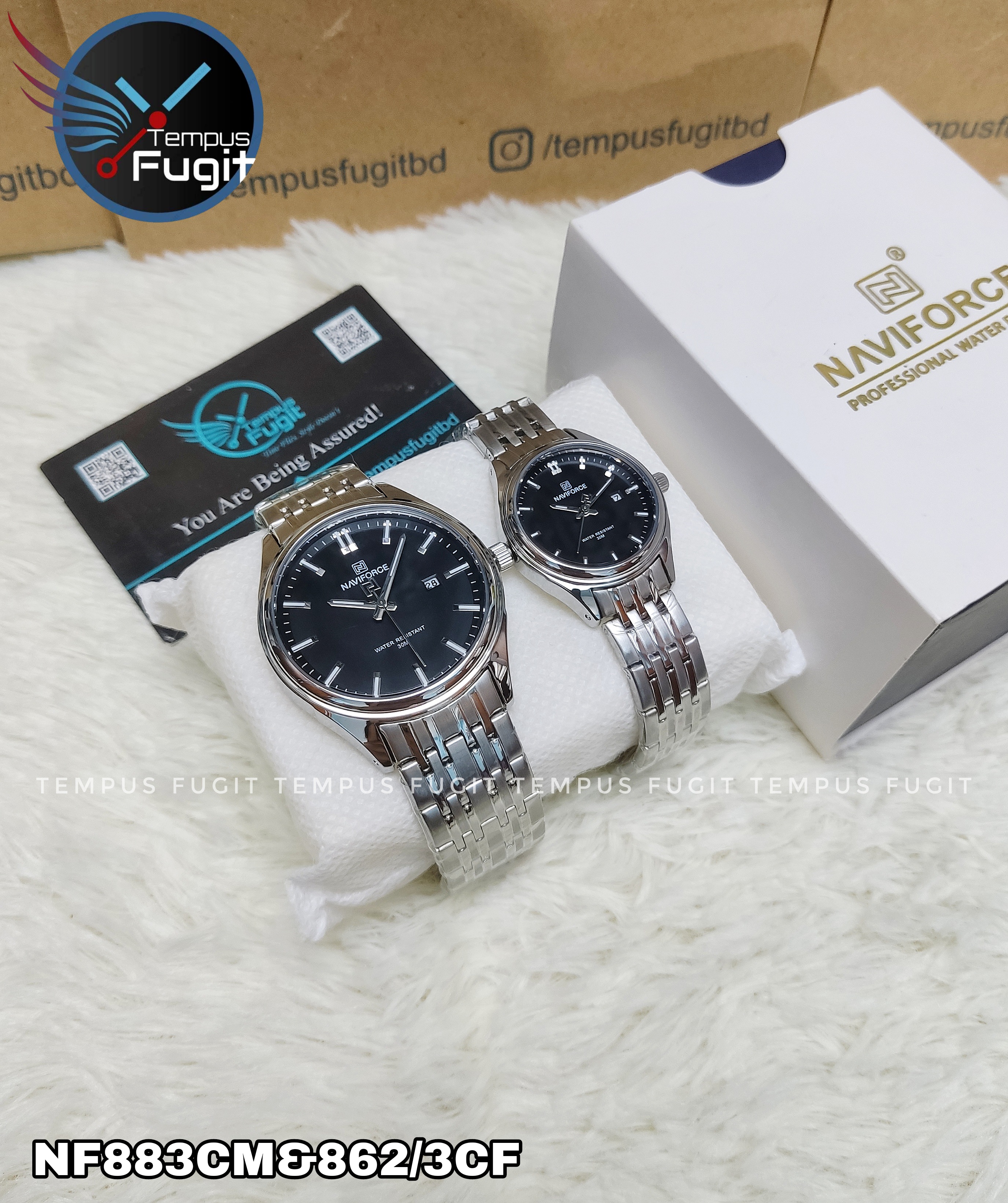 Naviforce 8039 Couple Chain Watch- Black Dial- Silver Bezel- Silver Chain- TF Code NF883CM&NF862/3CF_img_8