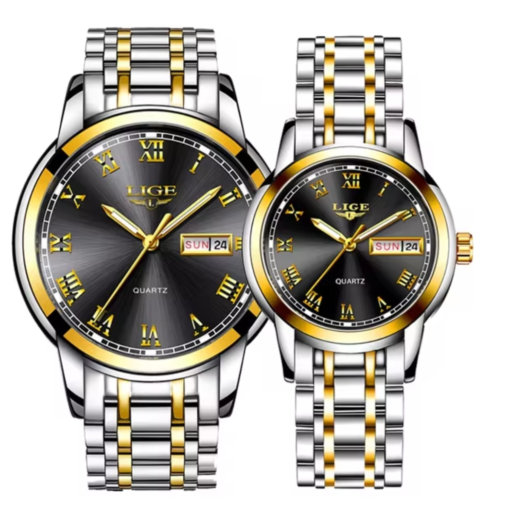 LIGE 9846&10007 Couple Chain Watch- Black Dial- Golden Bezel- Golden+Silver Chain- TF Code LG501CM&LG549CF_img_0