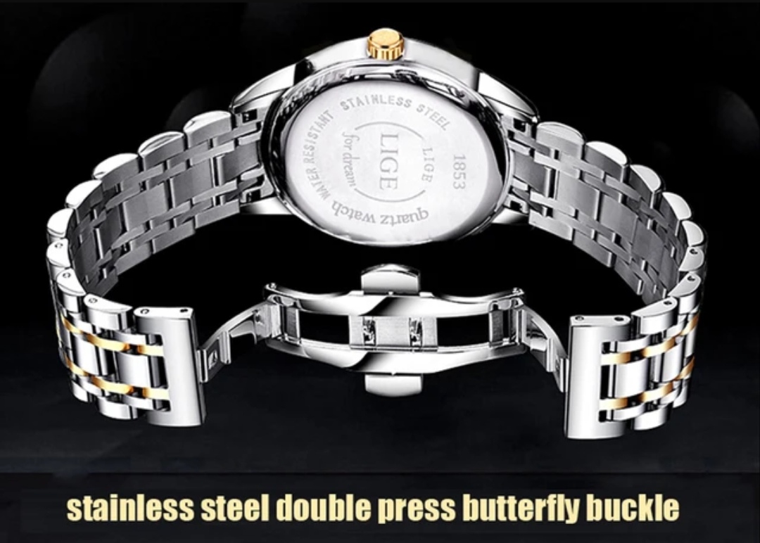 LIGE 9846&10007 Couple Chain Watch- Black Dial- Golden Bezel- Golden+Silver Chain- TF Code LG501CM&LG549CF_img_2