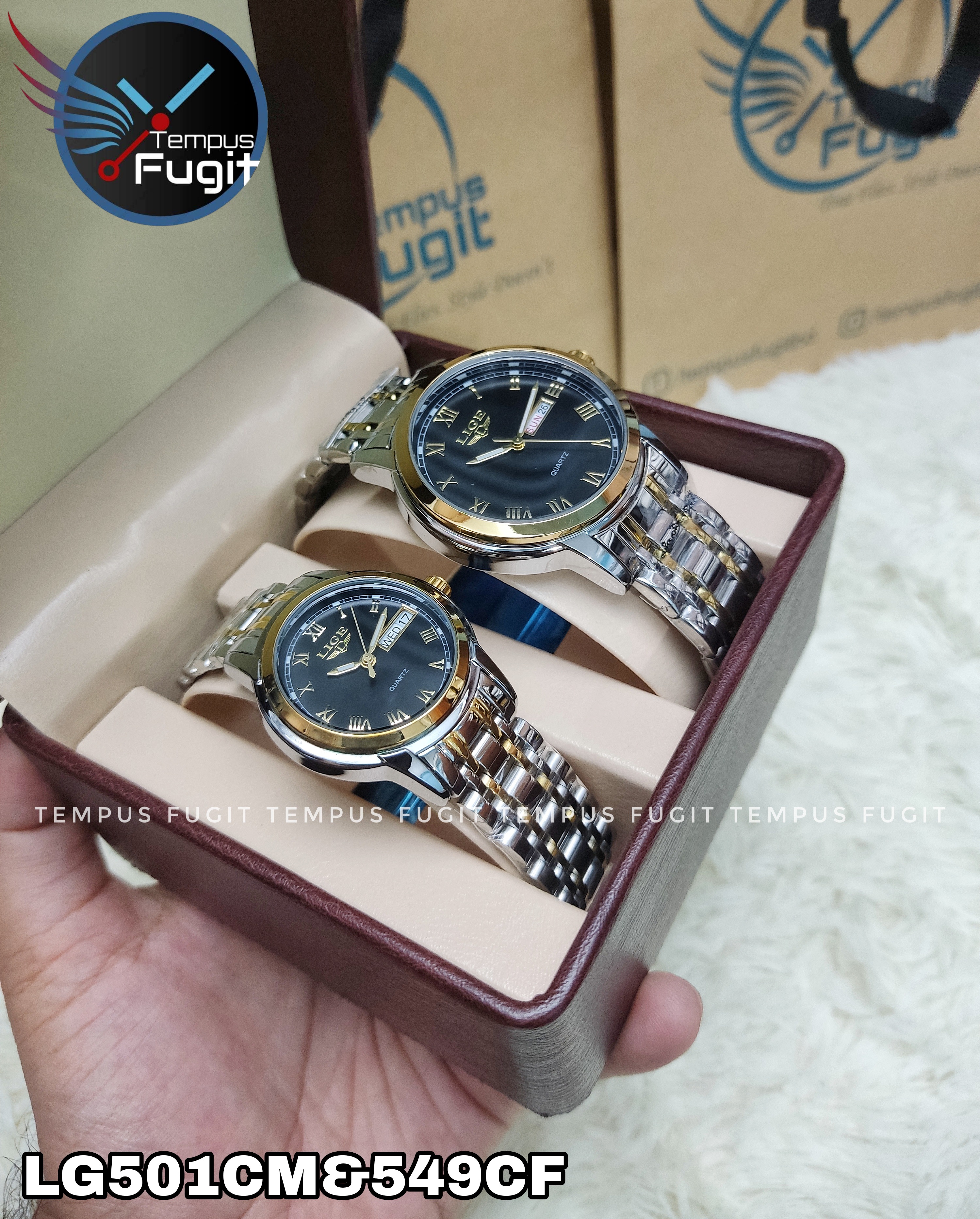 LIGE 9846&10007 Couple Chain Watch- Black Dial- Golden Bezel- Golden+Silver Chain- TF Code LG501CM&LG549CF_img_3