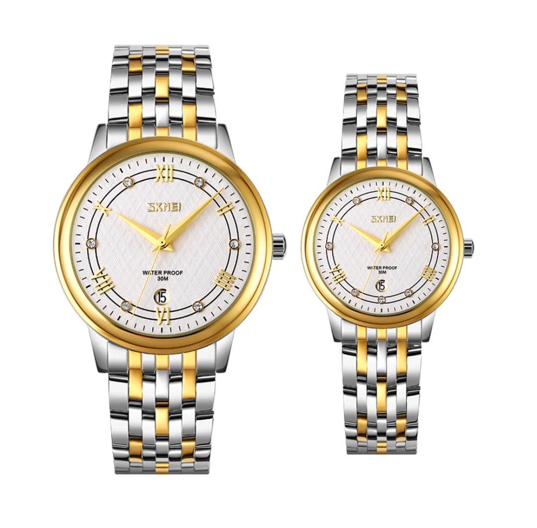 SKMEI 9272 Couple Chain Watch- White Dial- Golden Bezel- Golden+Silver Chain- TF Code SK560CM&SK561CF_img_0