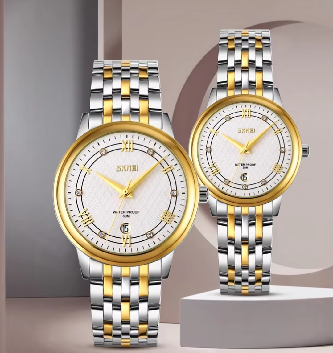 SKMEI 9272 Couple Chain Watch- White Dial- Golden Bezel- Golden+Silver Chain- TF Code SK560CM&SK561CF_img_1