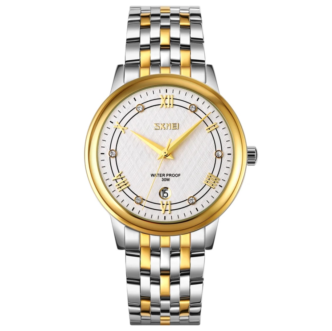 SKMEI 9272 Couple Chain Watch- White Dial- Golden Bezel- Golden+Silver Chain- TF Code SK560CM&SK561CF_img_3