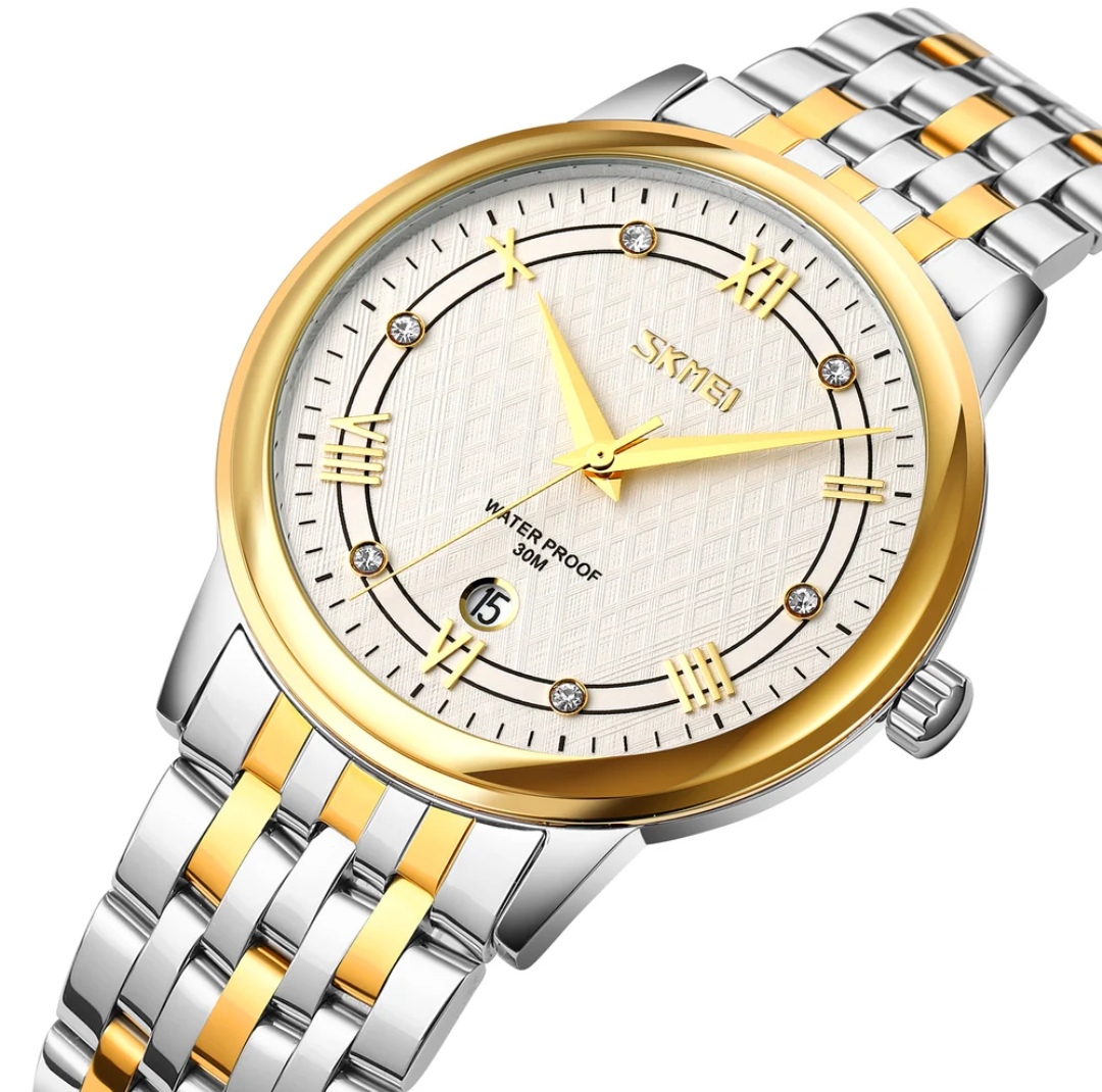 SKMEI 9272 Couple Chain Watch- White Dial- Golden Bezel- Golden+Silver Chain- TF Code SK560CM&SK561CF_img_4