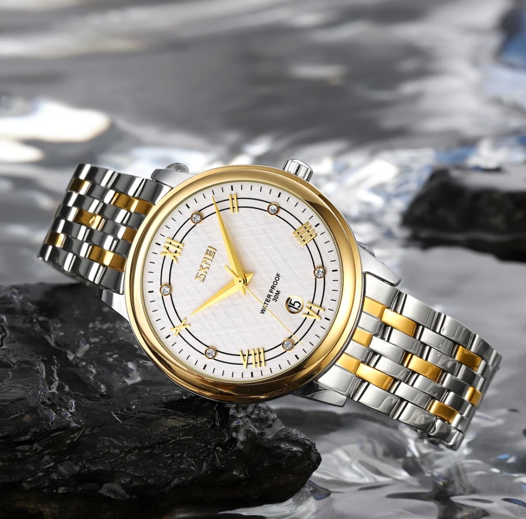 SKMEI 9272 Couple Chain Watch- White Dial- Golden Bezel- Golden+Silver Chain- TF Code SK560CM&SK561CF_img_5
