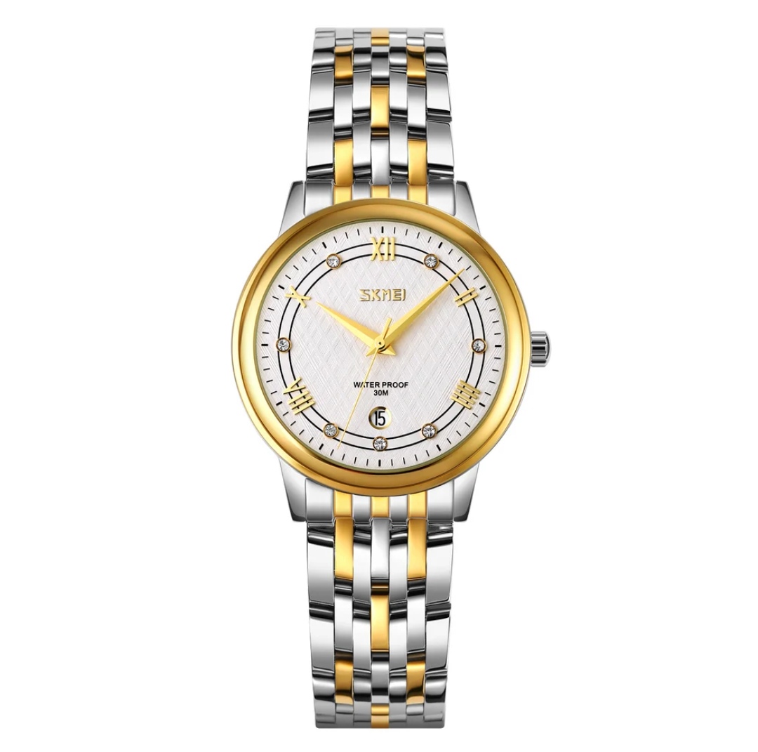 SKMEI 9272 Couple Chain Watch- White Dial- Golden Bezel- Golden+Silver Chain- TF Code SK560CM&SK561CF_img_6