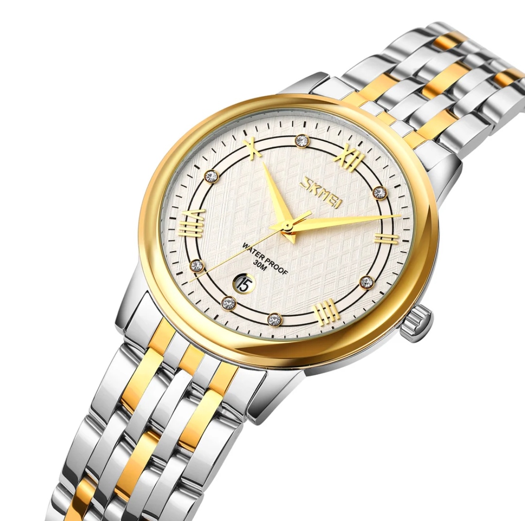SKMEI 9272 Couple Chain Watch- White Dial- Golden Bezel- Golden+Silver Chain- TF Code SK560CM&SK561CF_img_7