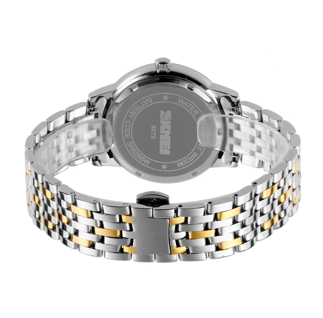 SKMEI 9272 Couple Chain Watch- White Dial- Golden Bezel- Golden+Silver Chain- TF Code SK560CM&SK561CF_img_8