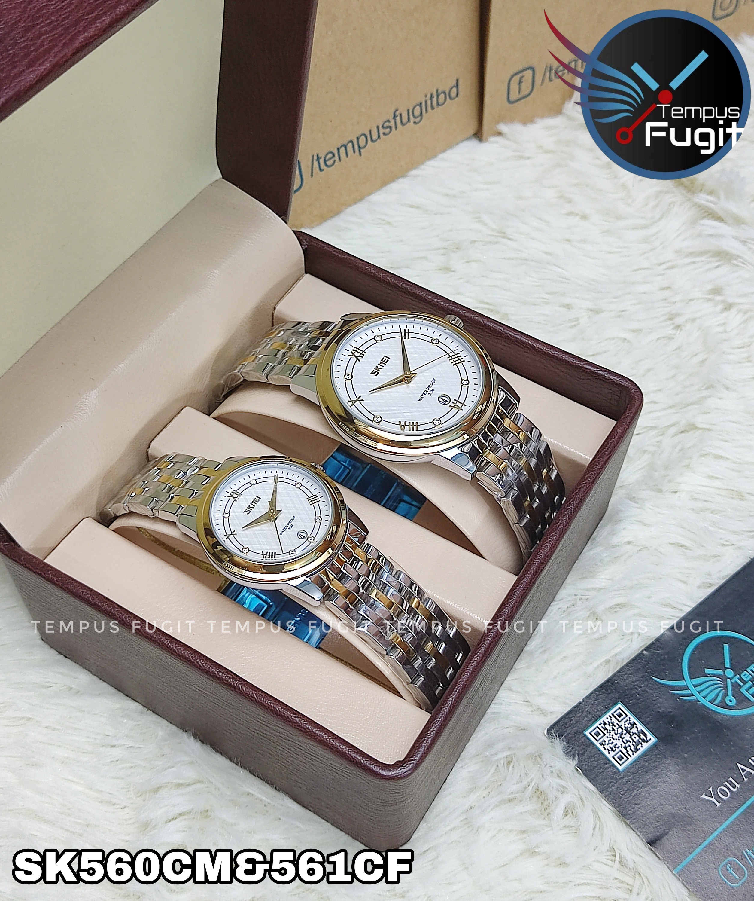 SKMEI 9272 Couple Chain Watch- White Dial- Golden Bezel- Golden+Silver Chain- TF Code SK560CM&SK561CF_img_11