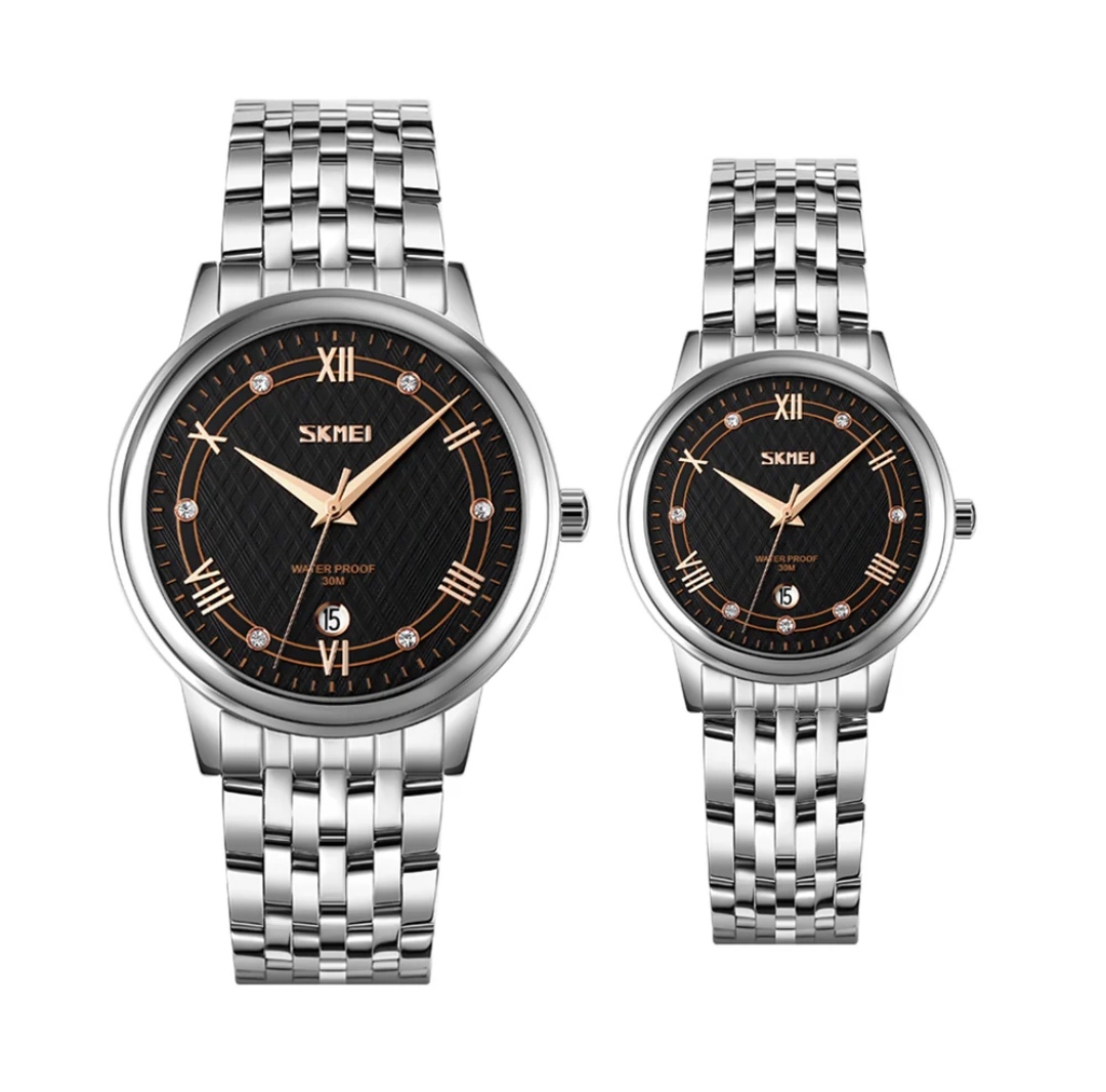 SKMEI 9272 Couple Chain Watch- Black Dial- Silver Bezel- Silver Chain- TF Code SK562CM&SK563CF_img_0