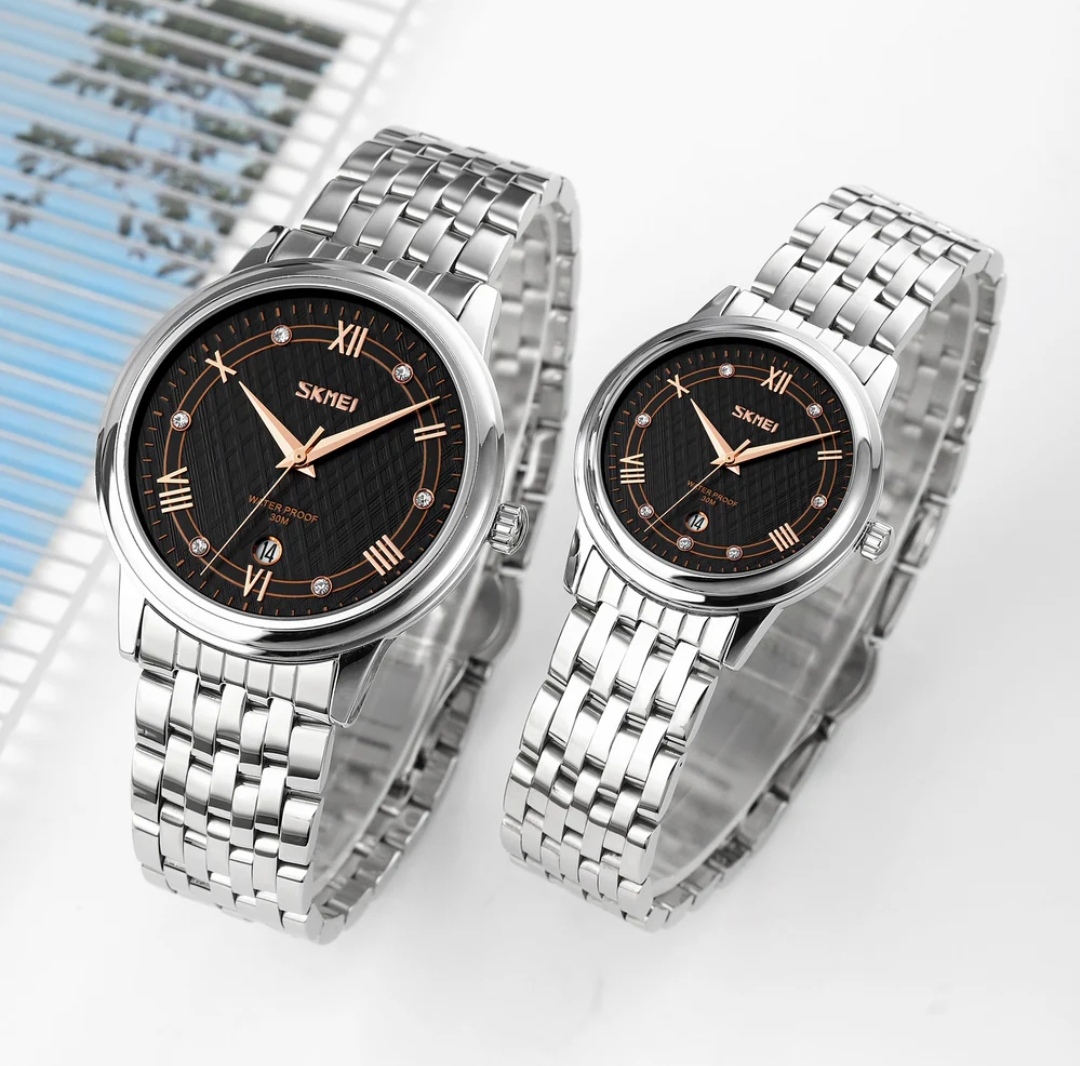 SKMEI 9272 Couple Chain Watch- Black Dial- Silver Bezel- Silver Chain- TF Code SK562CM&SK563CF_img_1