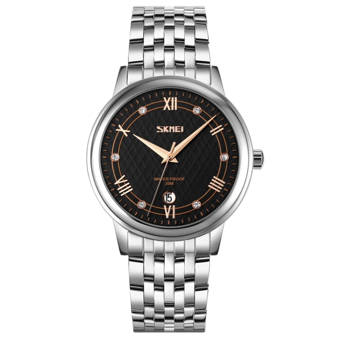 SKMEI 9272 Couple Chain Watch- Black Dial- Silver Bezel- Silver Chain- TF Code SK562CM&SK563CF_img_2