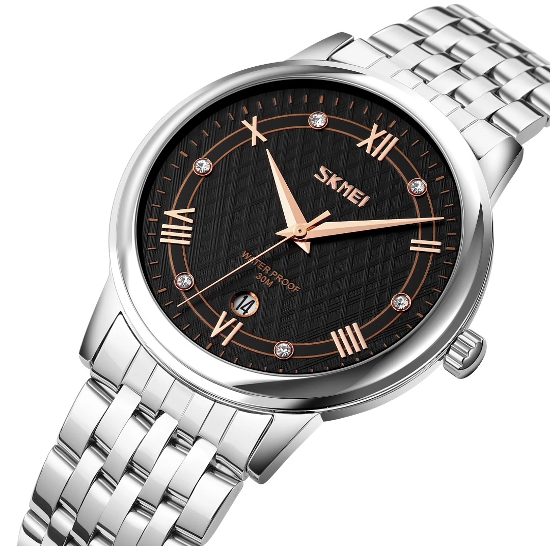 SKMEI 9272 Couple Chain Watch- Black Dial- Silver Bezel- Silver Chain- TF Code SK562CM&SK563CF_img_3