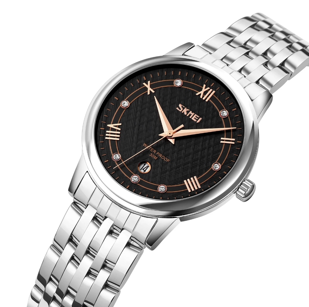 SKMEI 9272 Couple Chain Watch- Black Dial- Silver Bezel- Silver Chain- TF Code SK562CM&SK563CF_img_5