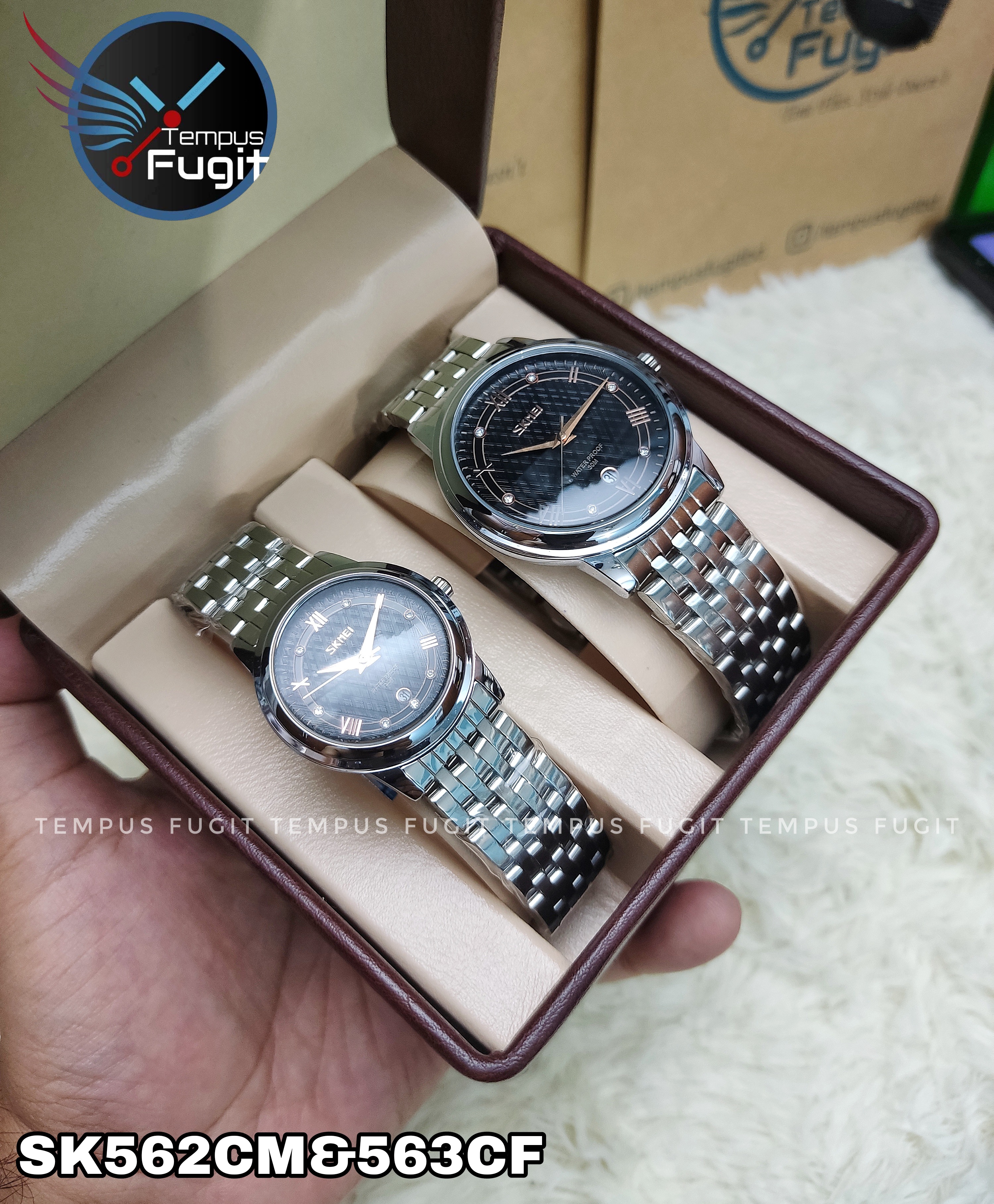 SKMEI 9272 Couple Chain Watch- Black Dial- Silver Bezel- Silver Chain- TF Code SK562CM&SK563CF_img_7