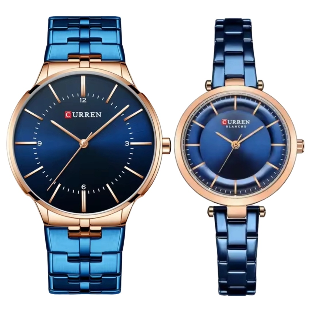 Curren 8321&9054 Couple Chain Watch- Blue Dial- Rose Golden Bezel- Blue Chain- TF Code CR307CM&CR305CF_img_0