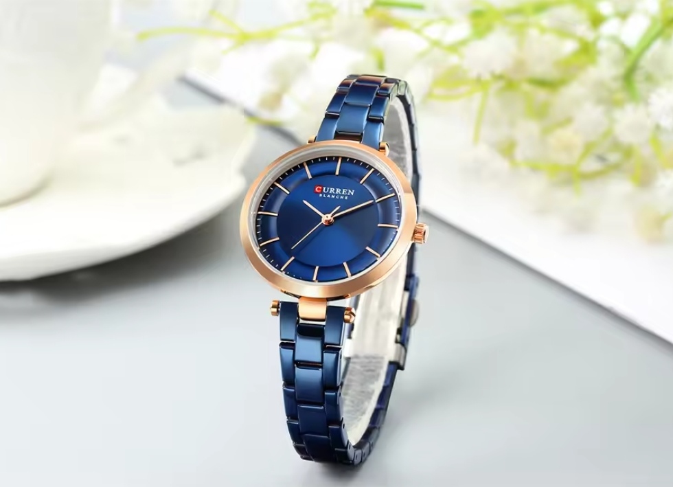 Curren 8321&9054 Couple Chain Watch- Blue Dial- Rose Golden Bezel- Blue Chain- TF Code CR307CM&CR305CF_img_8