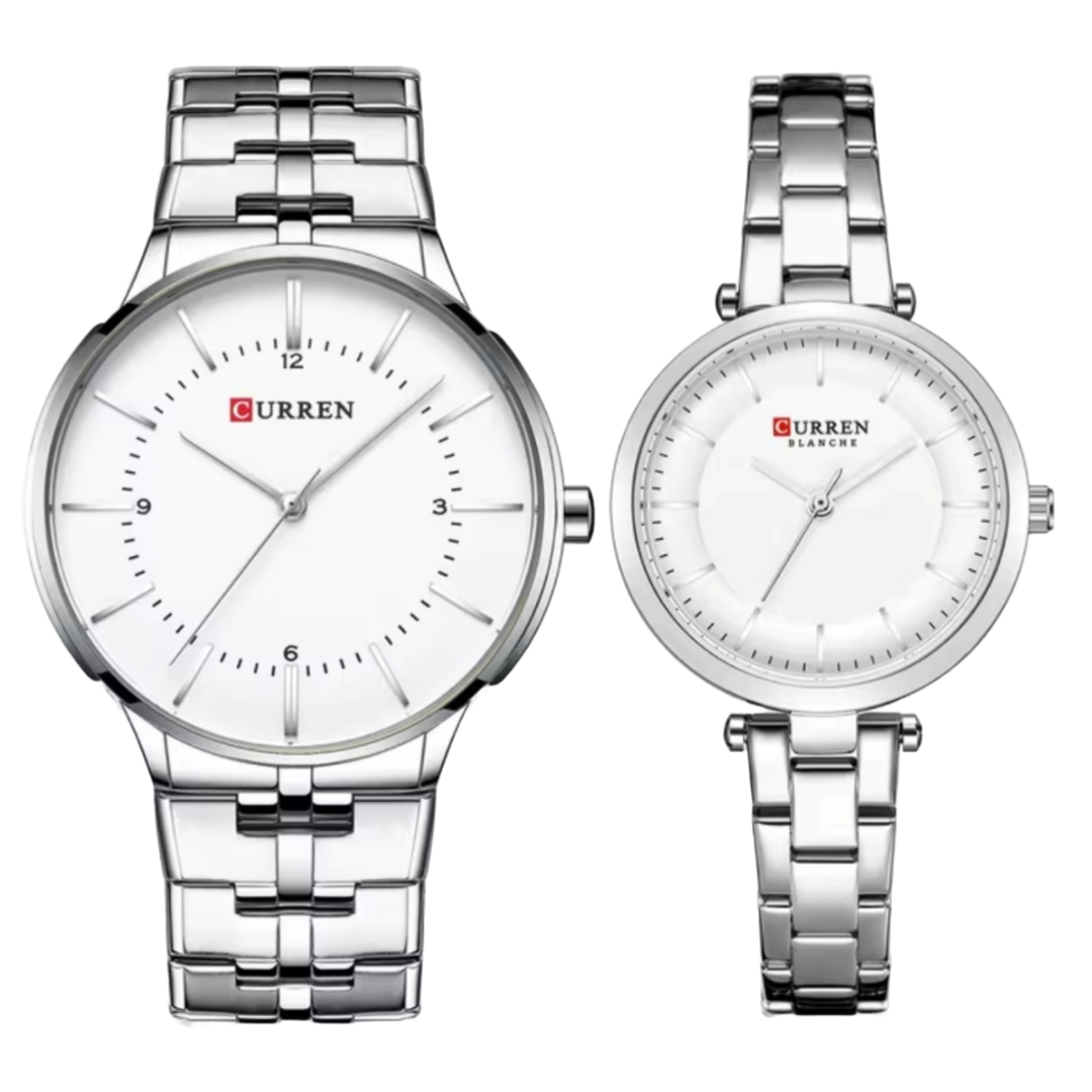 Curren 8321&9054 Couple Chain Watch- White Dial- Silver Bezel- Silver Chain- TF Code CR129CM&CR289CF_img_0