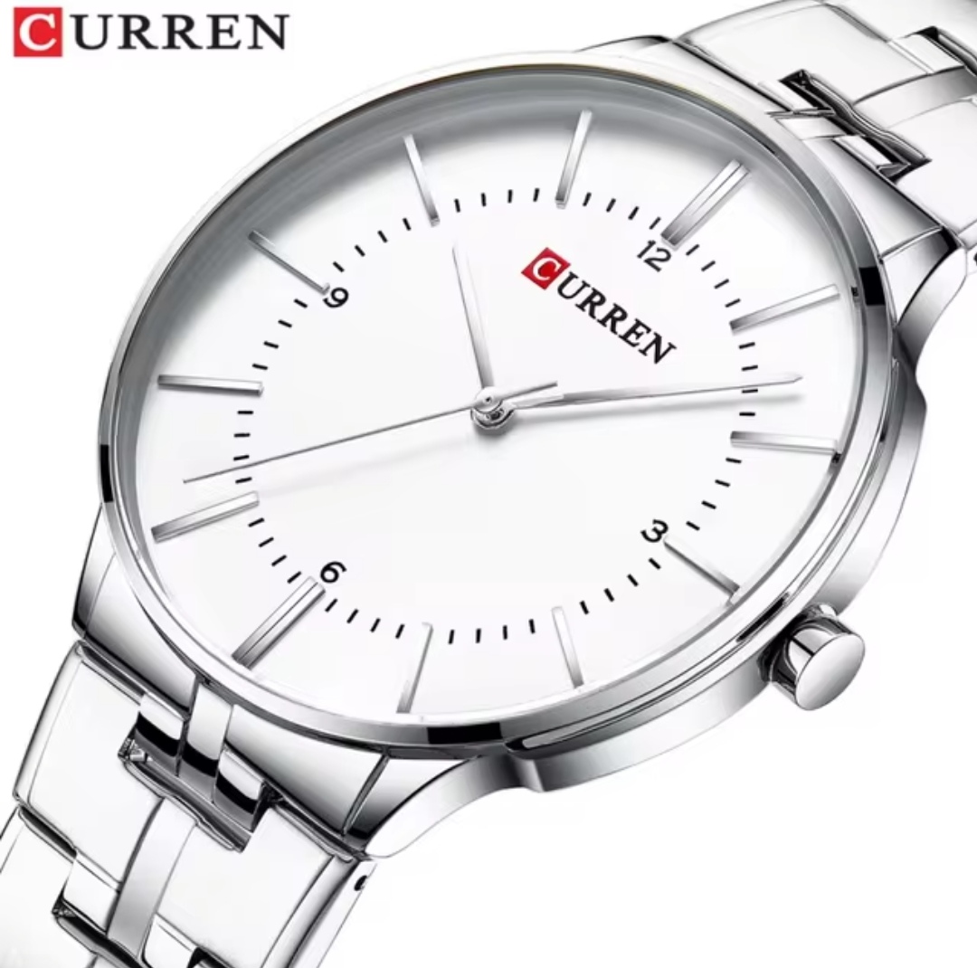 Curren 8321&9054 Couple Chain Watch- White Dial- Silver Bezel- Silver Chain- TF Code CR129CM&CR289CF_img_2