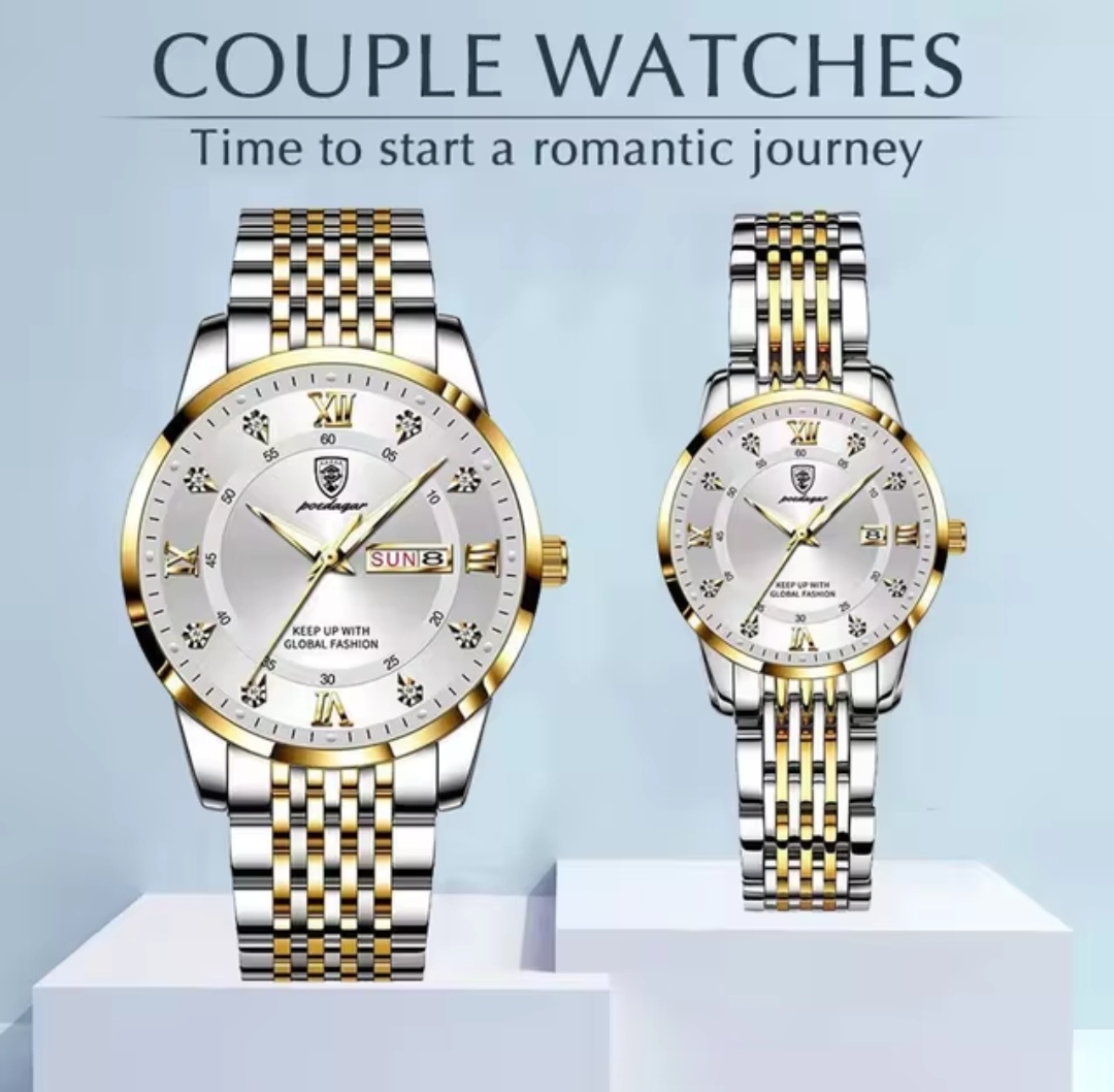 Poedagar 836 Couple Chain Watch- Silver Dial, Golden Bezel- Silver+Golden Chain- TF Code PD664CM&PD665CF_img_0