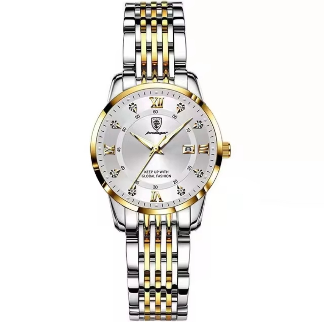 Poedagar 836 Couple Chain Watch- Silver Dial, Golden Bezel- Silver+Golden Chain- TF Code PD664CM&PD665CF_img_2