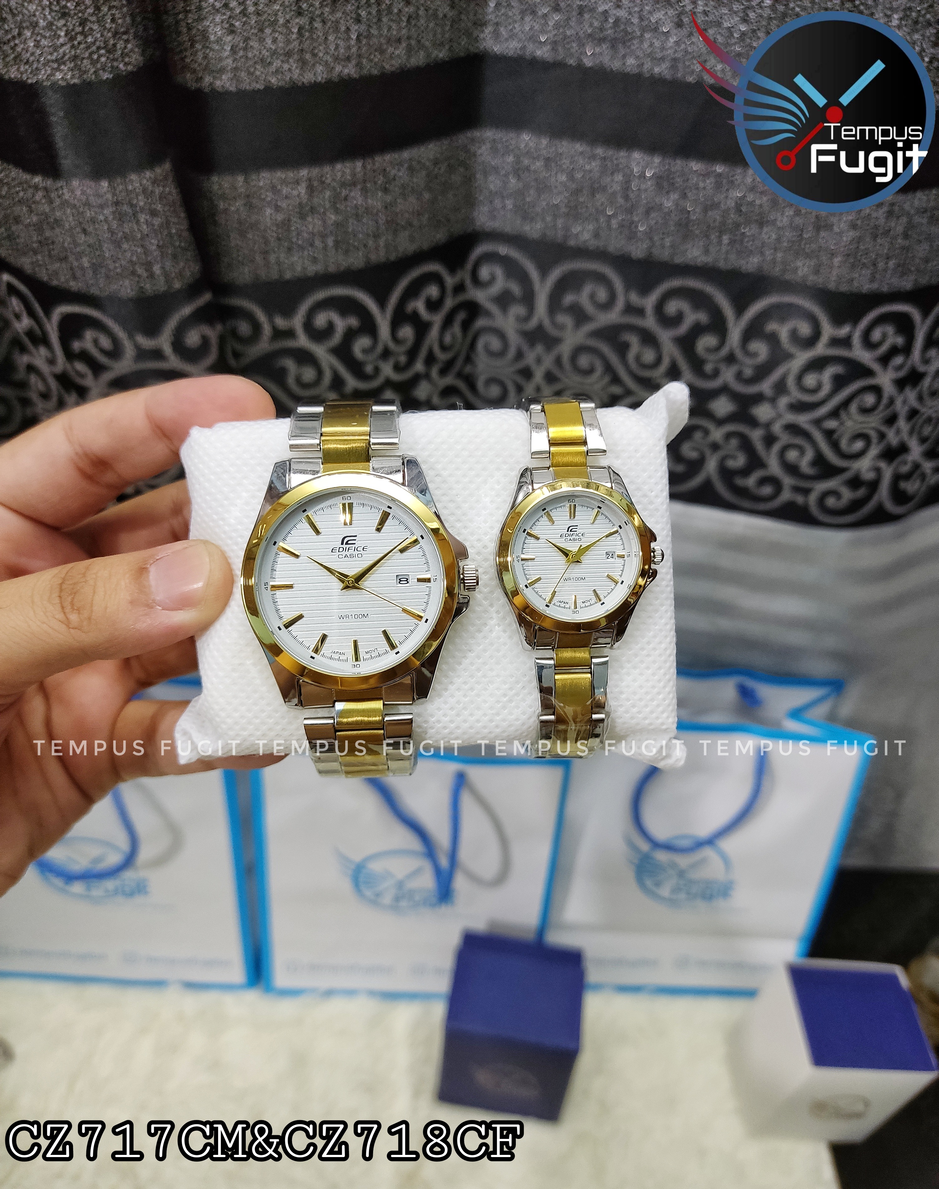 Edifice Casio Replica Couple Gents Watch- White Dial- Golden Bezel- Golden+Silver Chain- TF Code- CZ717CM&CZ718CF_img_0
