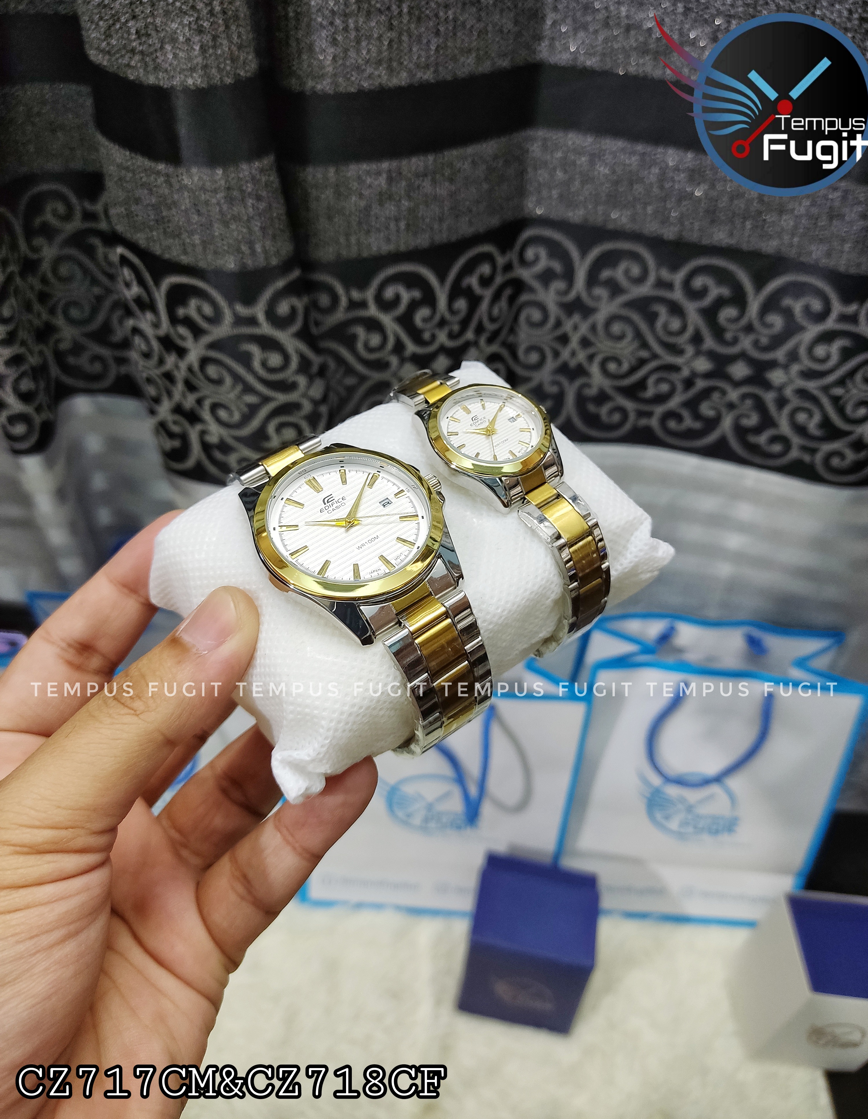 Edifice Casio Replica Couple Gents Watch- White Dial- Golden Bezel- Golden+Silver Chain- TF Code- CZ717CM&CZ718CF_img_1