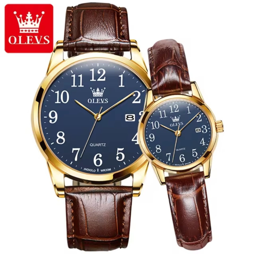 OLEVS 5566 Couple belt Watches- Blue Dial- Golden Bezel- Leather Color Belt- TF Code OL659BM&OL660BF_img_0