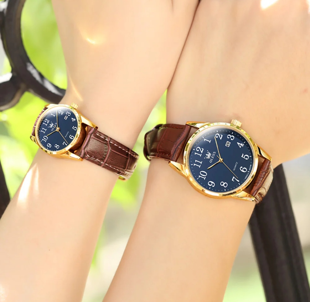 OLEVS 5566 Couple belt Watches- Blue Dial- Golden Bezel- Leather Color Belt- TF Code OL659BM&OL660BF_img_1