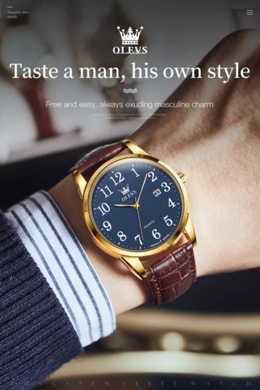 OLEVS 5566 Couple belt Watches- Blue Dial- Golden Bezel- Leather Color Belt- TF Code OL659BM&OL660BF_img_2