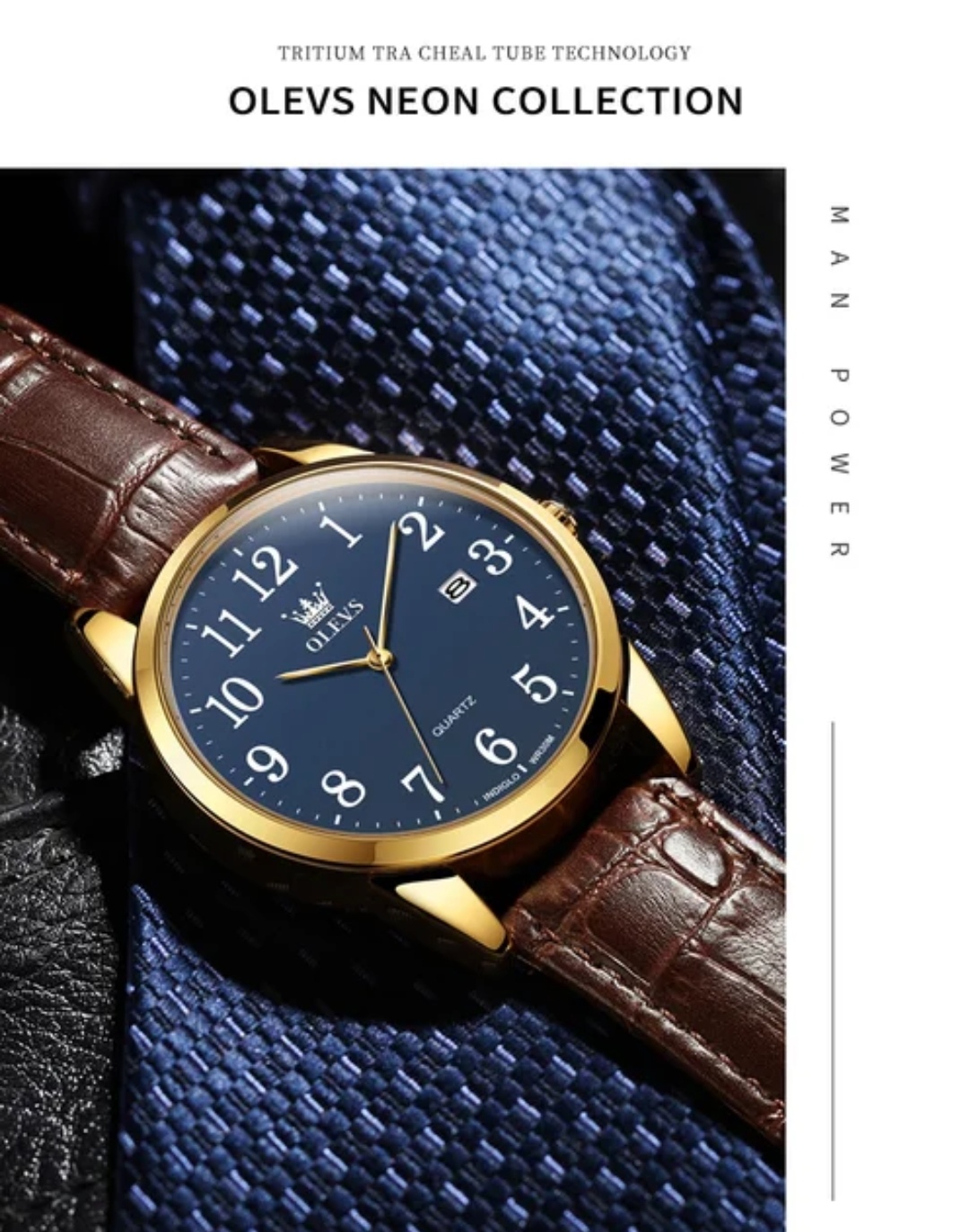 OLEVS 5566 Couple belt Watches- Blue Dial- Golden Bezel- Leather Color Belt- TF Code OL659BM&OL660BF_img_3