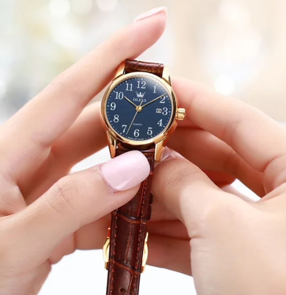 OLEVS 5566 Couple belt Watches- Blue Dial- Golden Bezel- Leather Color Belt- TF Code OL659BM&OL660BF_img_4