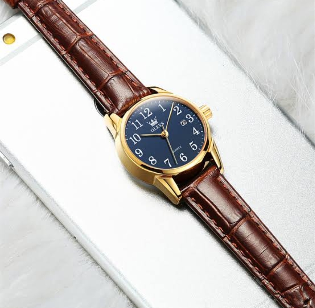 OLEVS 5566 Couple belt Watches- Blue Dial- Golden Bezel- Leather Color Belt- TF Code OL659BM&OL660BF_img_5