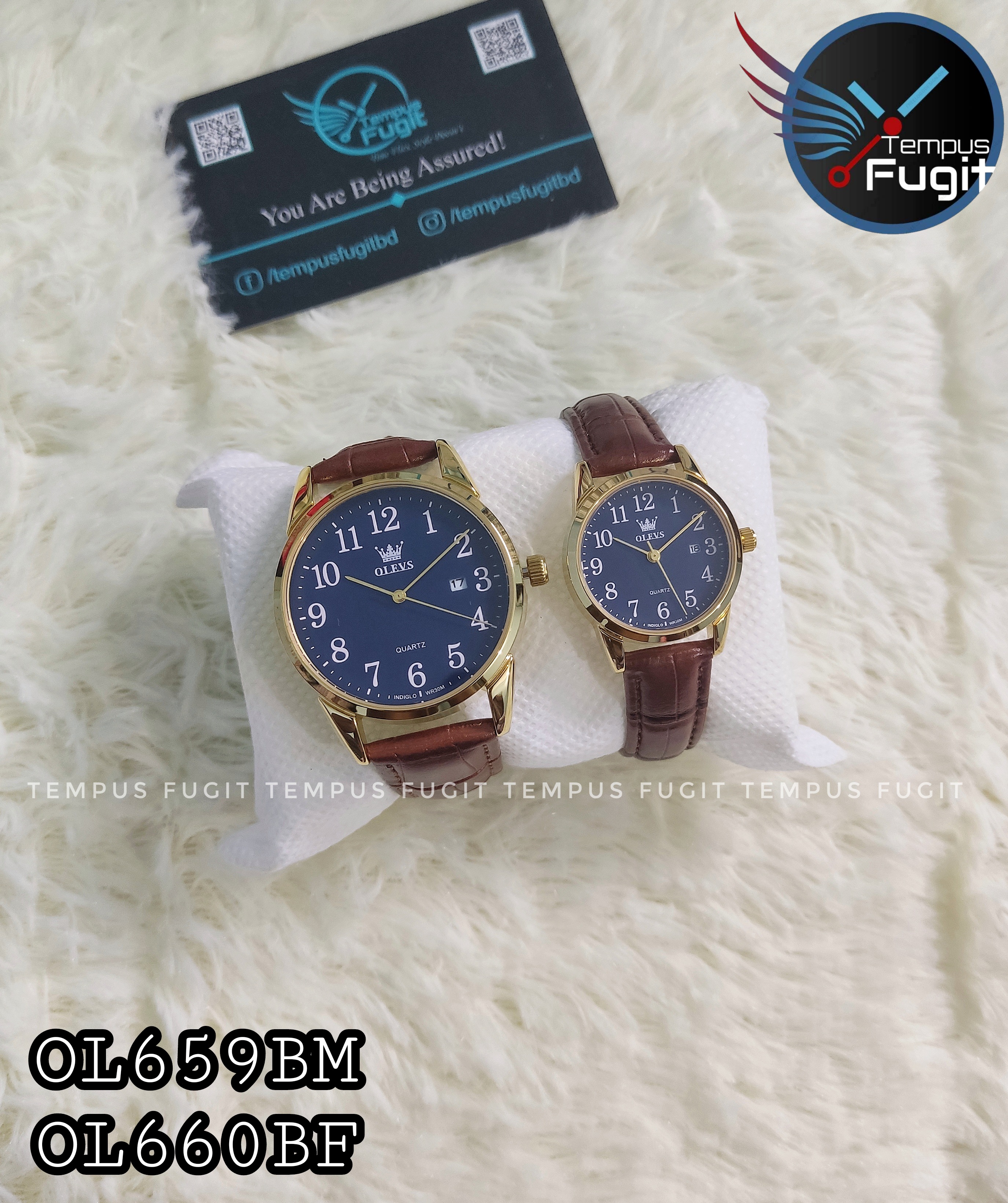 OLEVS 5566 Couple belt Watches- Blue Dial- Golden Bezel- Leather Color Belt- TF Code OL659BM&OL660BF_img_7