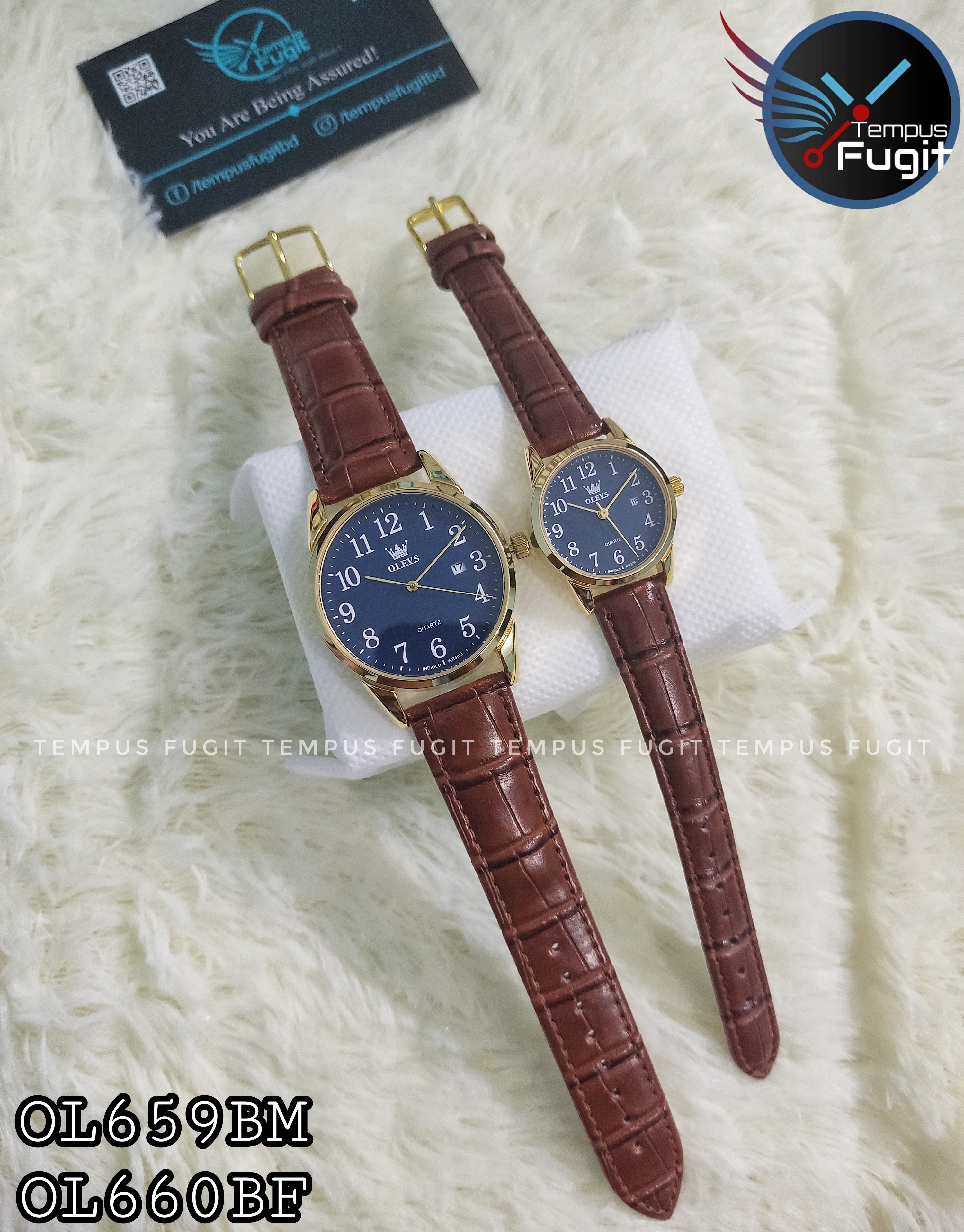 OLEVS 5566 Couple belt Watches- Blue Dial- Golden Bezel- Leather Color Belt- TF Code OL659BM&OL660BF_img_8
